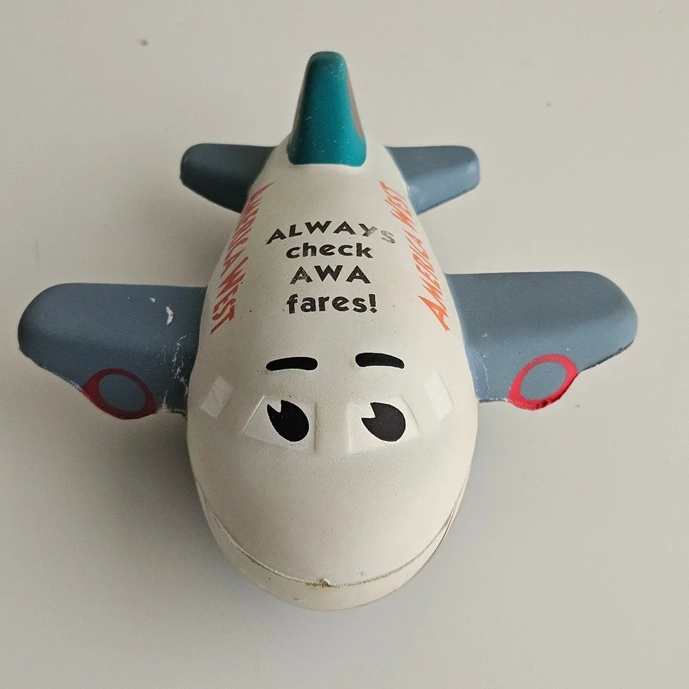 Vintage‎ America West Airlines Airplane Foam Stress Promo Toy White AWA Fares